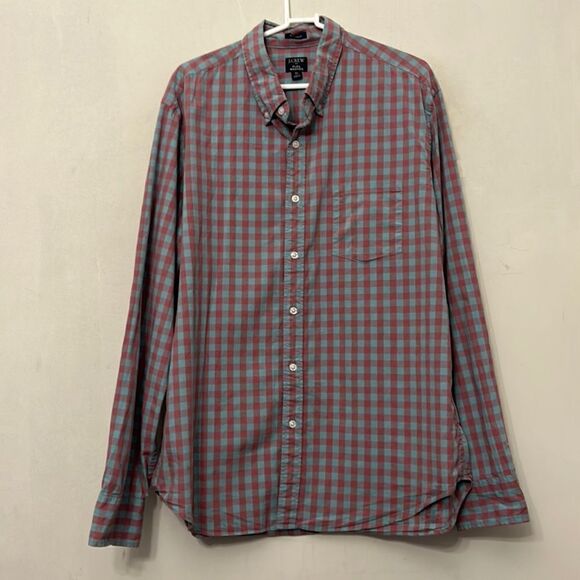 J Crew flex washed classic fit blue pink checkered button down shirt Size XL - Picture 1 of 10